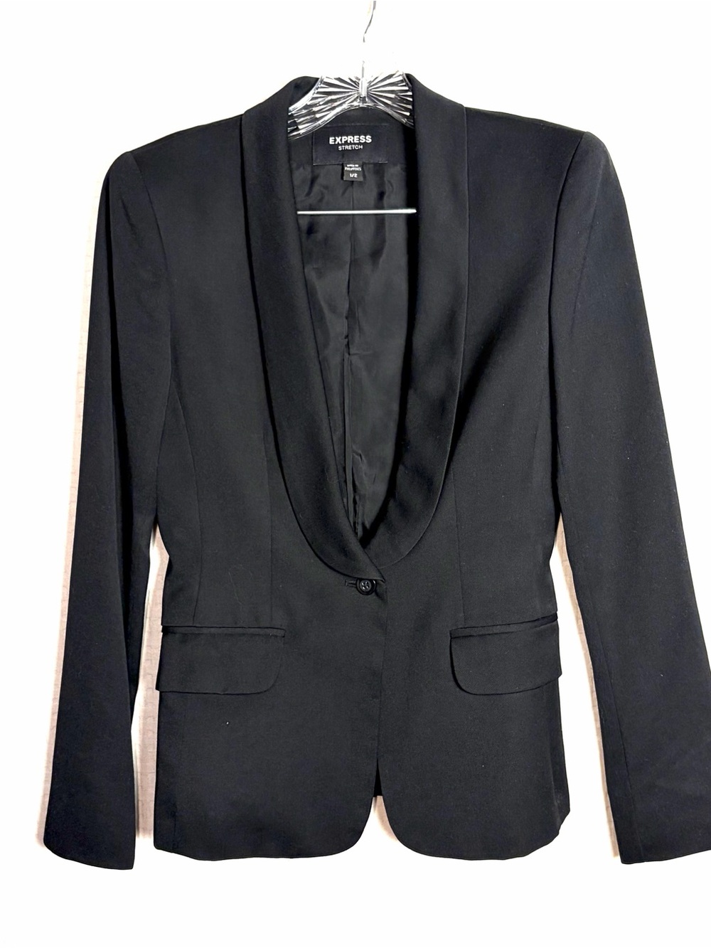Express Black Wool Blend Button Tailored Blazer Tuxedo Shawl Collar Lined Sz 1/2